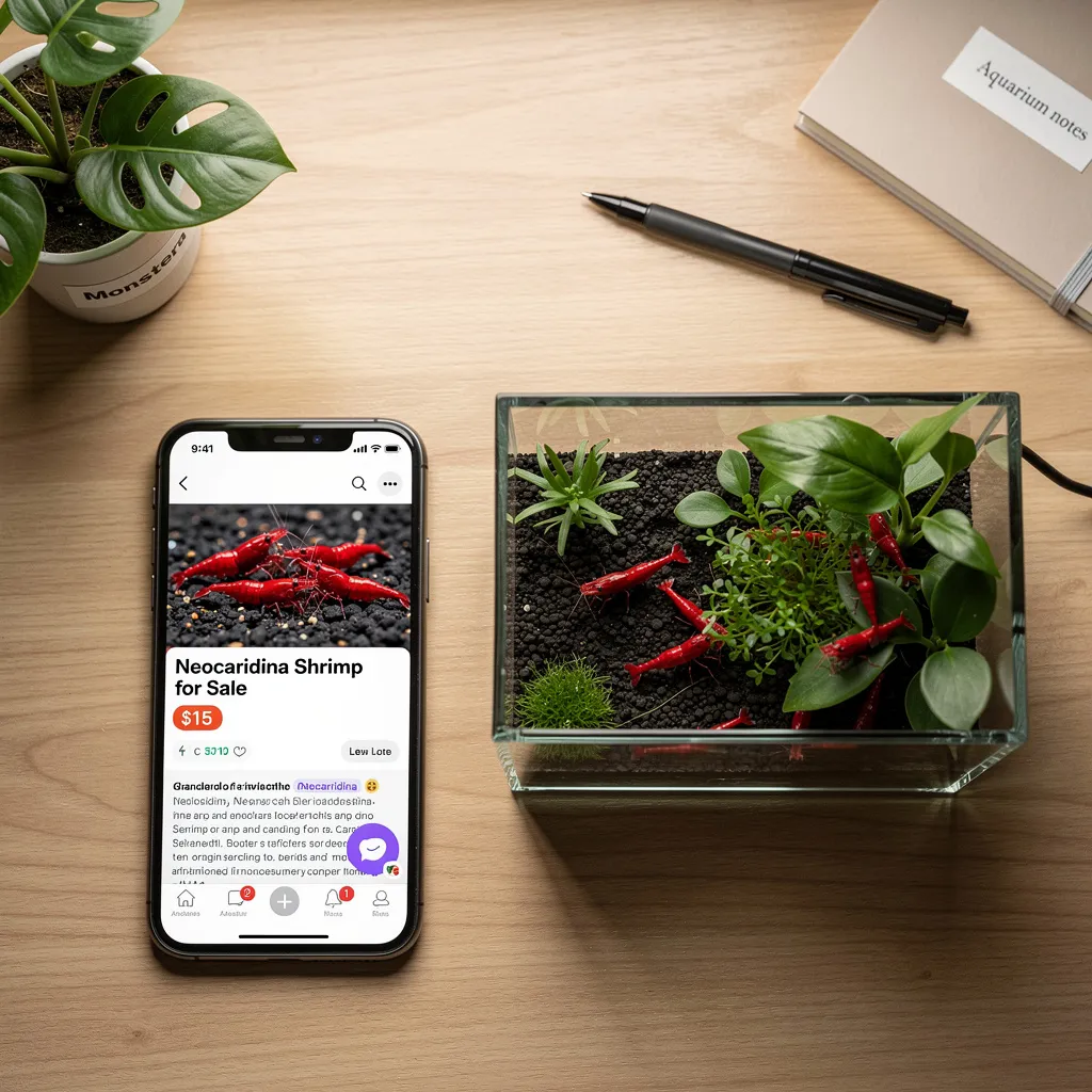 Smartphone mit Garnelen-Kleinanzeige neben bepflanztem Nano-Aquarium zeigt Online-Verkauf als Hobby