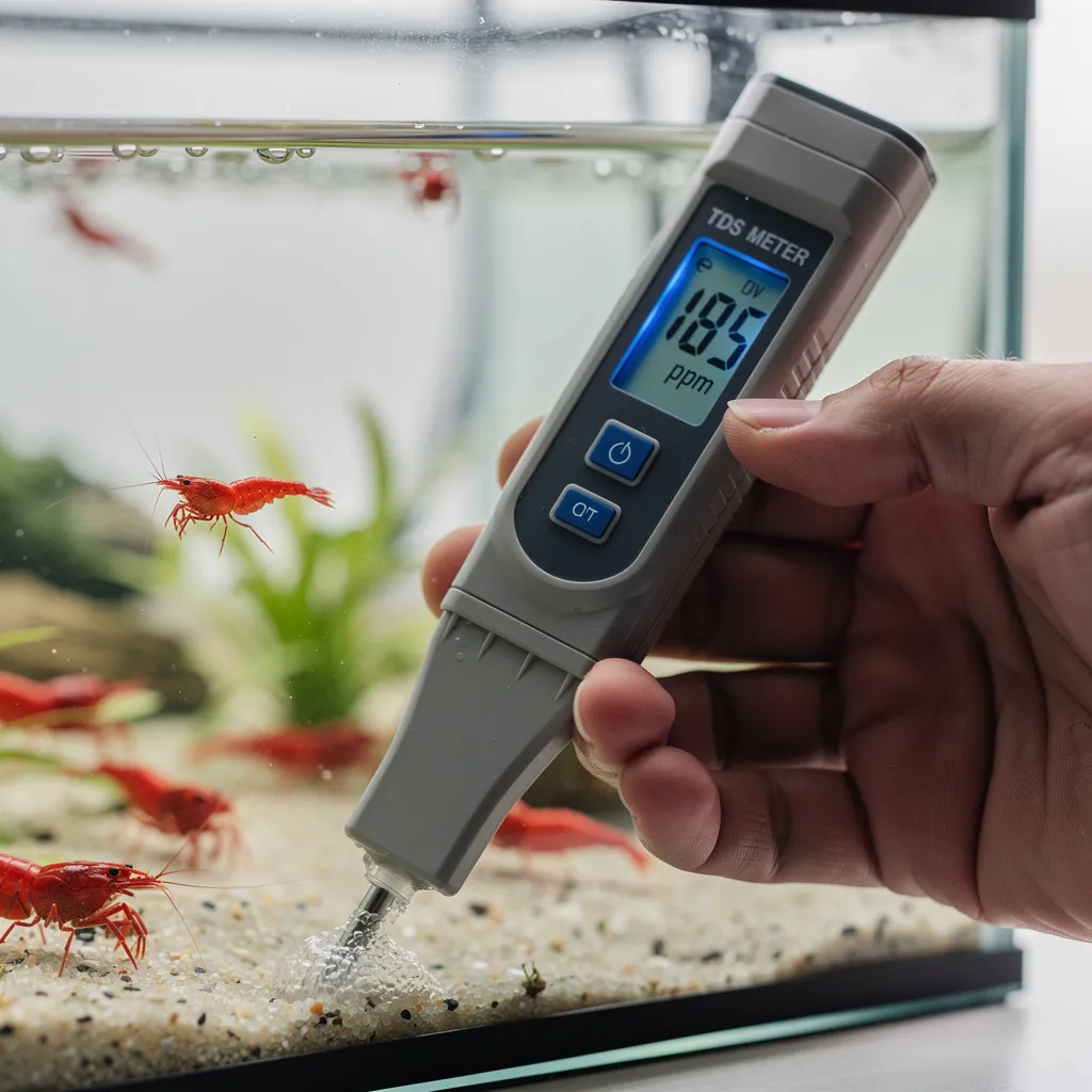 TDS-Meter zeigt 185 ppm im Garnelenbecken als tägliche Schnellmessung