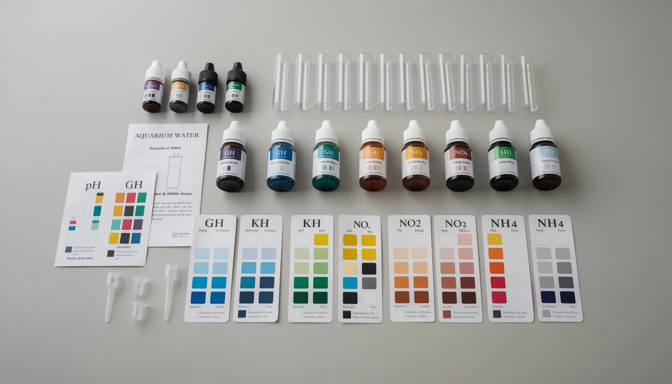 Komplett aufgeklapptes Wassertestkit mit allen Reagenzien für pH, GH, KH, Nitrit und Nitrat