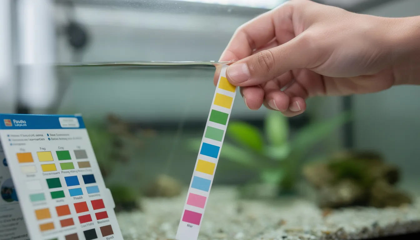 Teststreifen wird ins Aquarienwasser getaucht, bunte Testfelder sichtbar