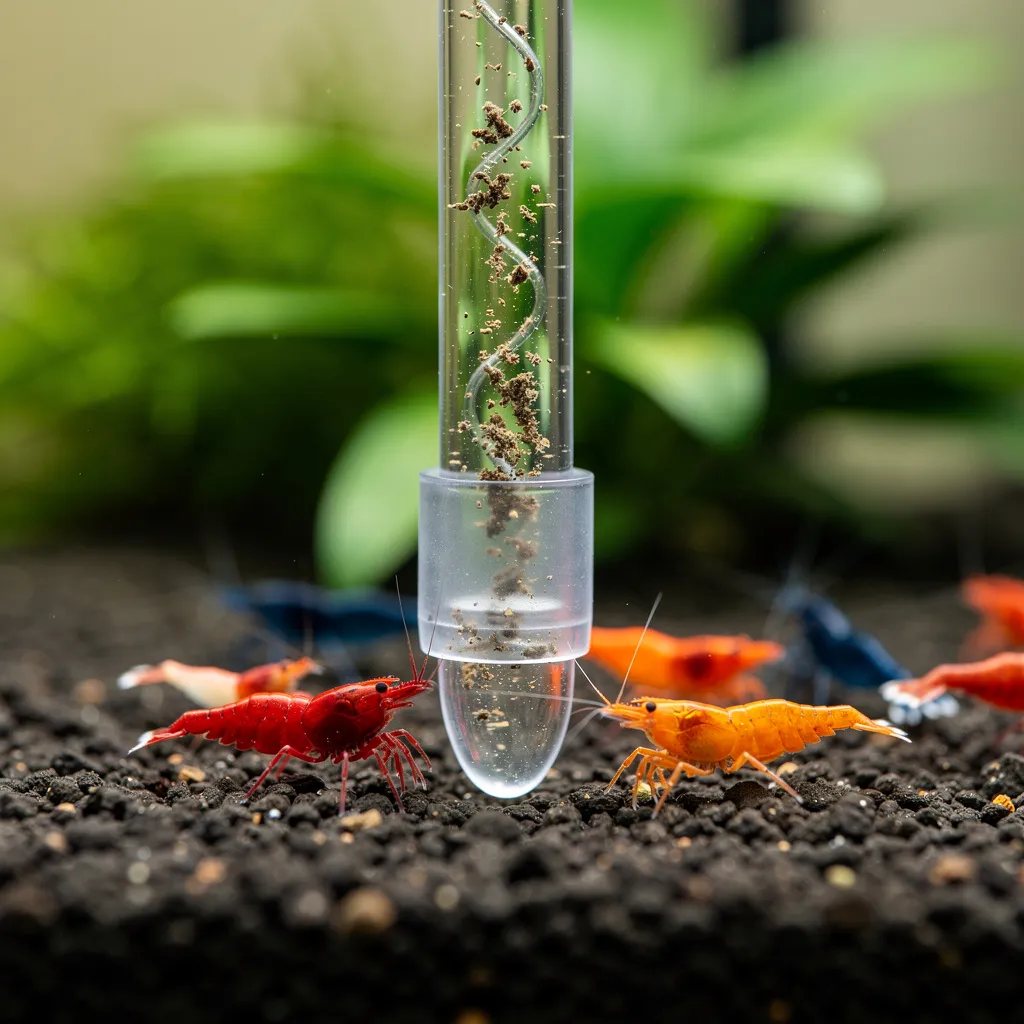 Mulmglocke saugt vorsichtig die Bodenoberfläche ab — Garnelen bleiben ungestört