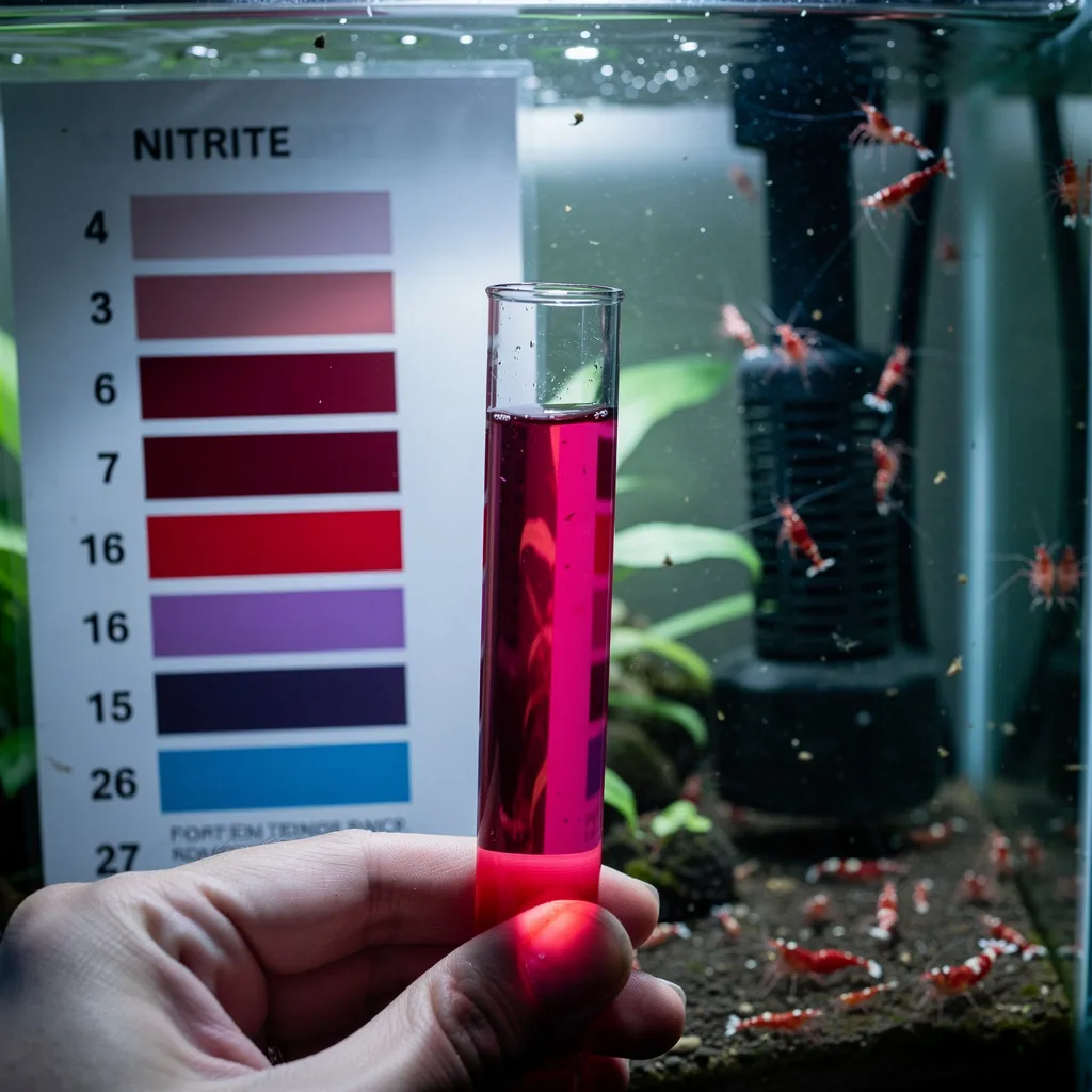 Nitrit-Notfall: Wassertest zeigt gefährlich hohe Werte, gestresste Garnelen im Hintergrund sichtbar