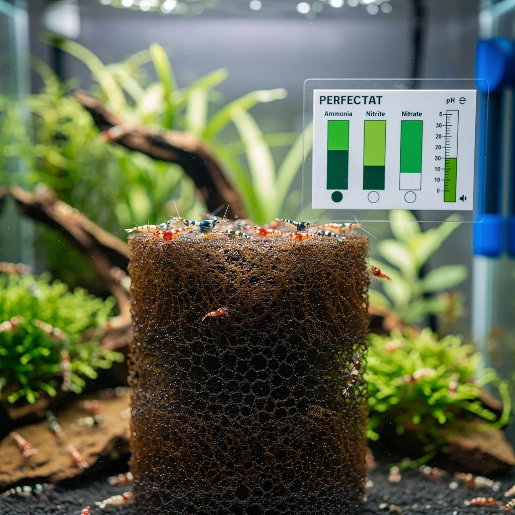 Langfristige Stabilisierung: eingefahrener Schwammfilter mit Biofilm und perfekte Wasserwerte im Test