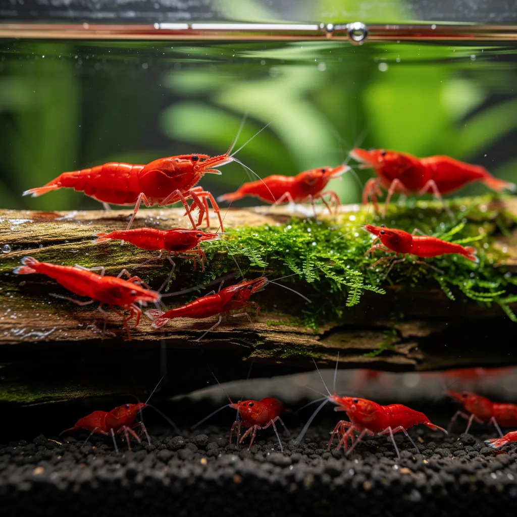 Gesunde Garnelen-Kolonie in kristallklarem Wasser mit stabilen Werten