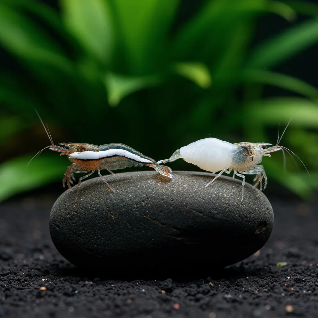 Vergleich: normaler weißer Rückenstrich versus krankhaft milchige Muskelopazität bei zwei Garnelen