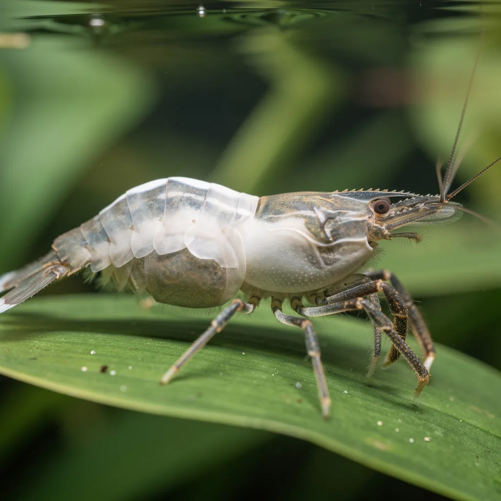 Garnele vor der Häutung mit weißem Rücken durch den neuen Panzer unter der alten Schale