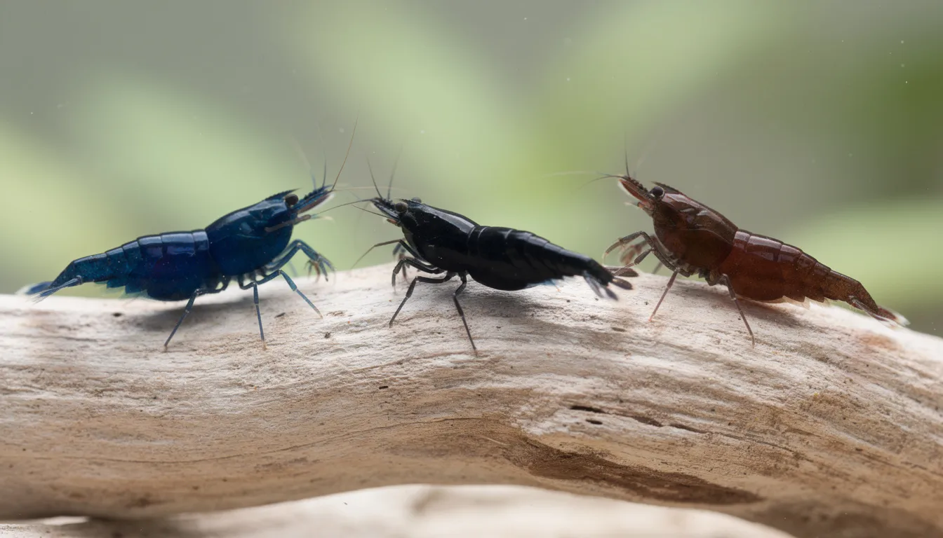 Dunkle Neocaridina-Farbvarianten: Blue Dream, Black Rose und Schoko nebeneinander