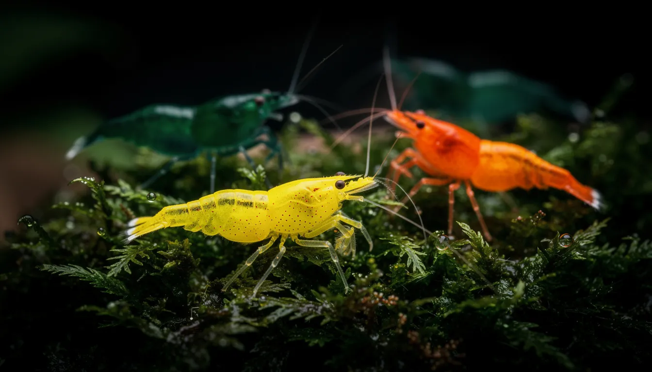 Gelbe und orange Neocaridina auf dunklem Moos: Yellow Fire und Orange Sakura