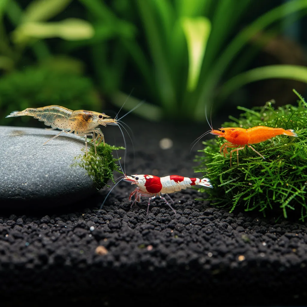 Drei Garnelenarten im Vergleich: Amano-Garnele, Crystal Red und Orange Sakura Neocaridina