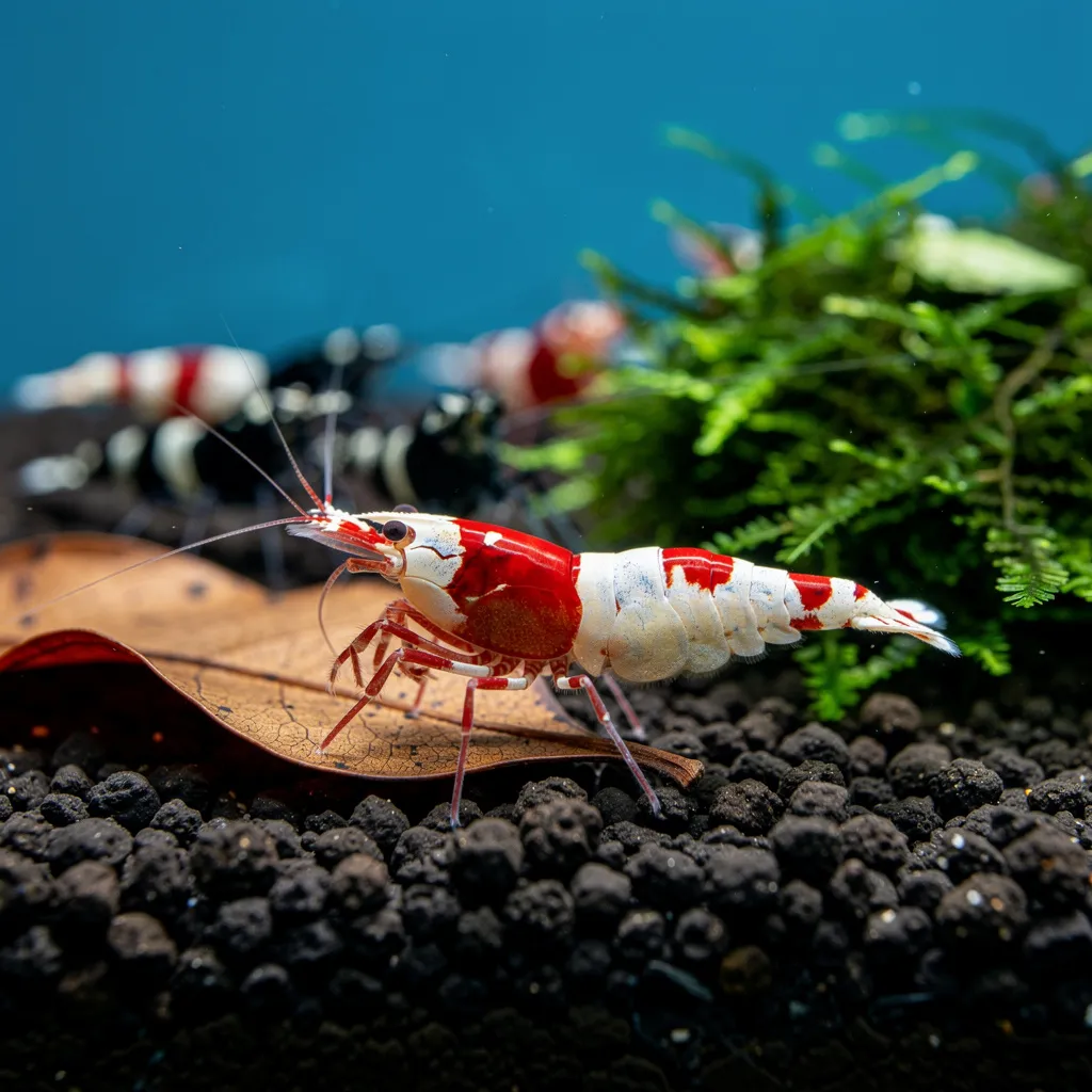 Crystal Red Bienengarnele in SSS-Grade mit scharfem Rot-Weiss-Muster auf dunklem Soil