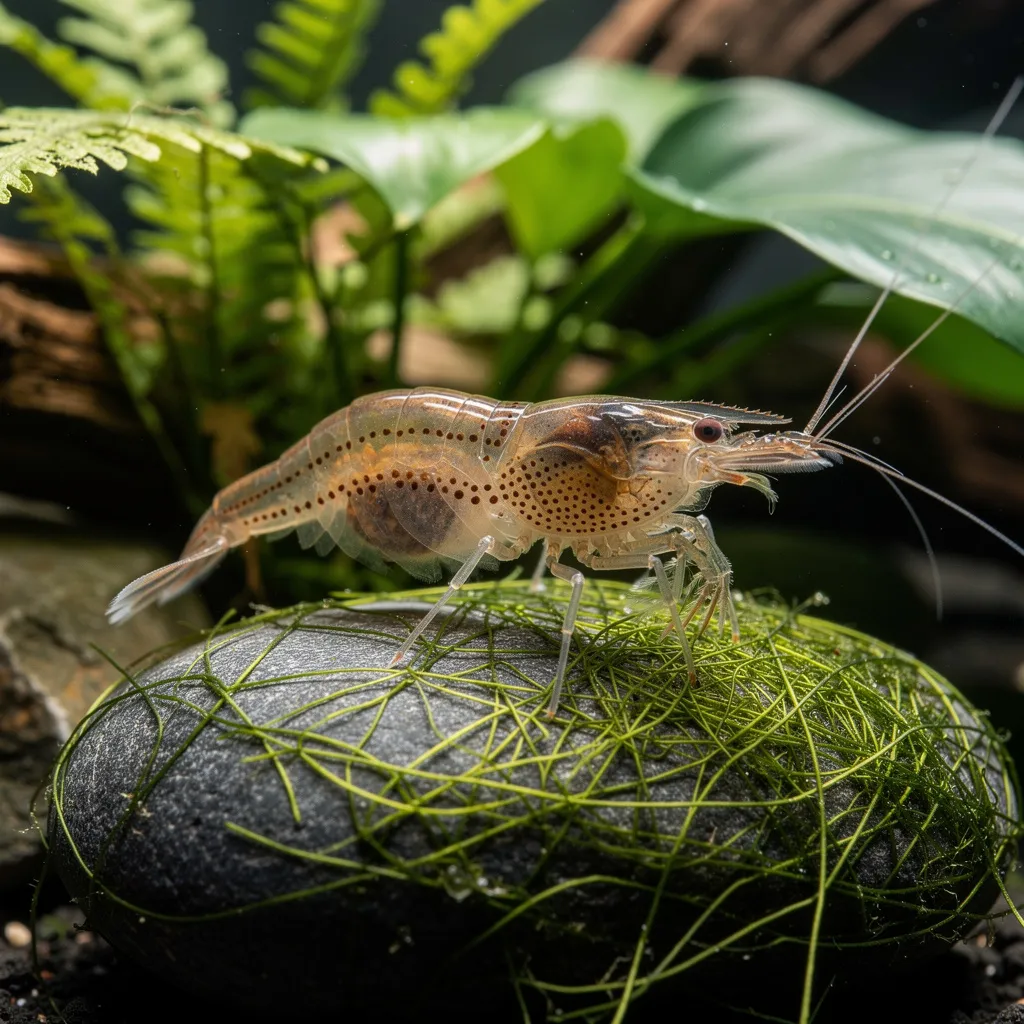 Grosse Amano-Garnele frisst Fadenalgen von einem Stein in einem bepflanzten Aquarium