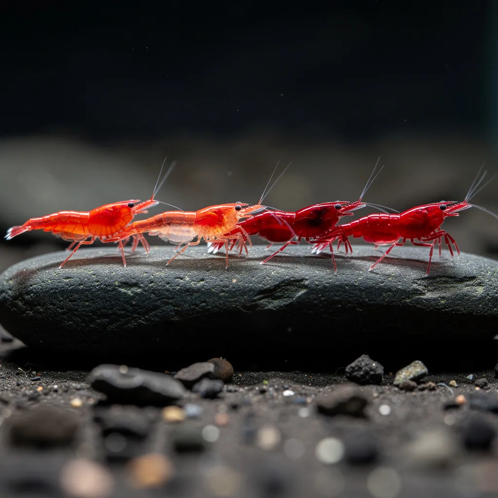 Neocaridina Grading-Vergleich: Cherry, Sakura, Fire Red und Painted Fire Red nebeneinander
