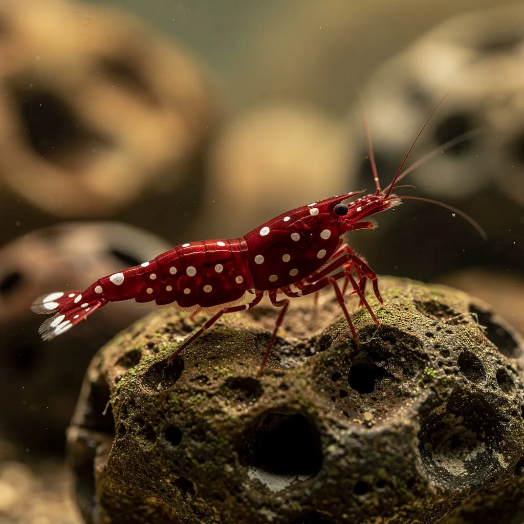 Kardinalsgarnele mit leuchtend roten Körper und weissen Punkten auf Sulawesi-Gestein