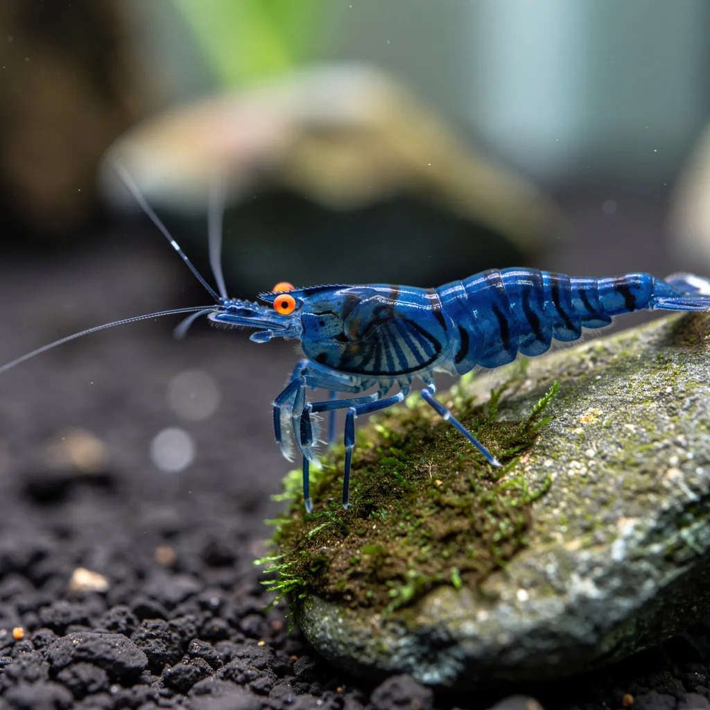 Orange Eye Blue Tiger Garnele mit intensiver blauer Färbung und leuchtend orangenen Augen