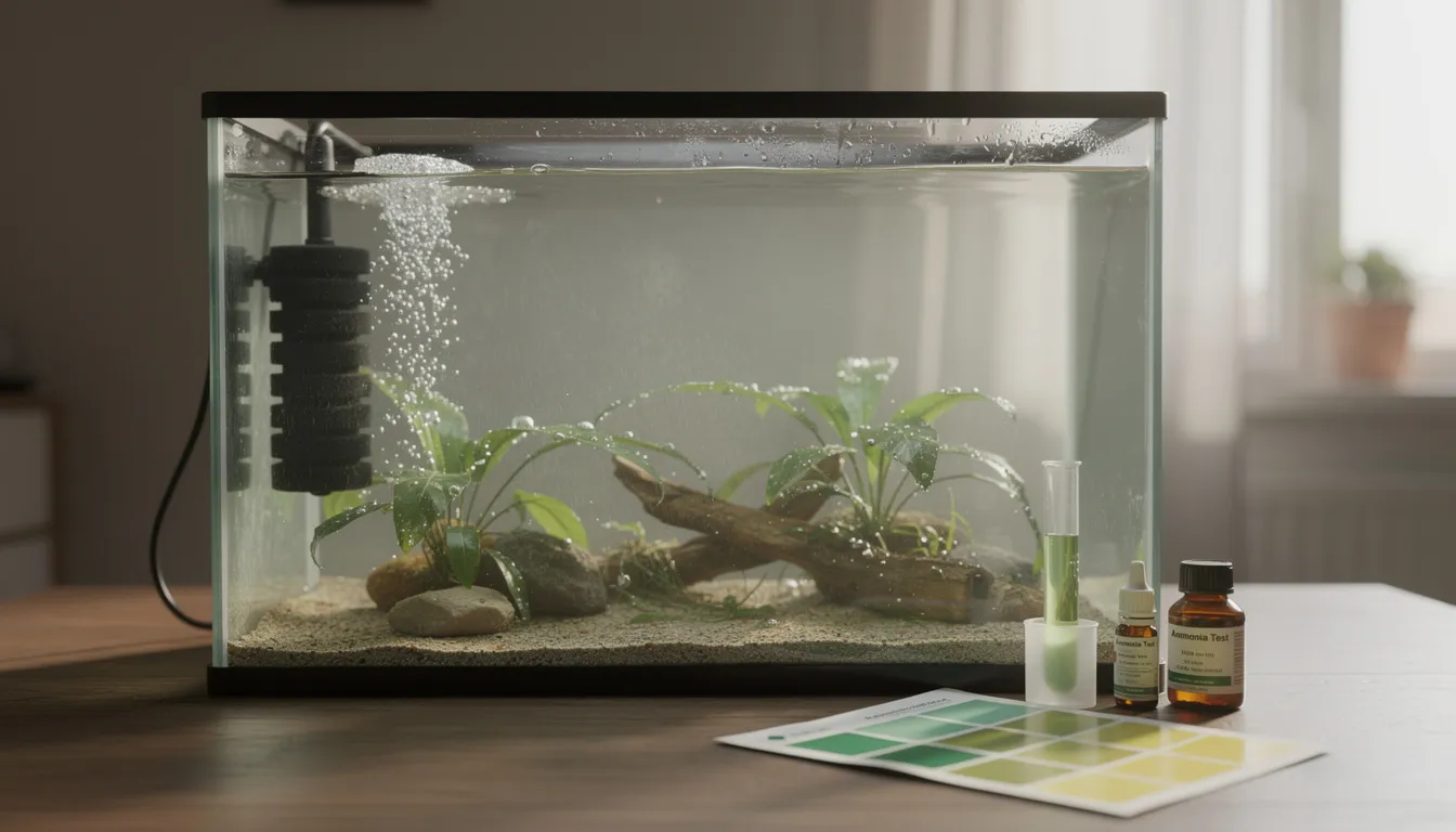 Frisch eingerichtetes Aquarium in der Einfahrphase ohne Tiere, Schwammfilter läuft