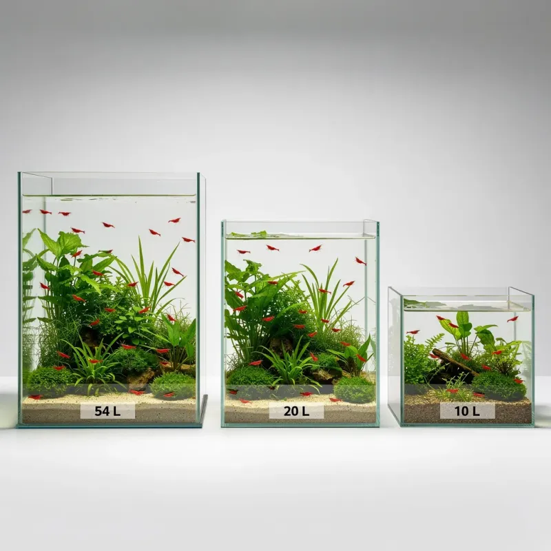 Drei Garnelenaquarien im Größenvergleich: 54, 20 und 10 Liter