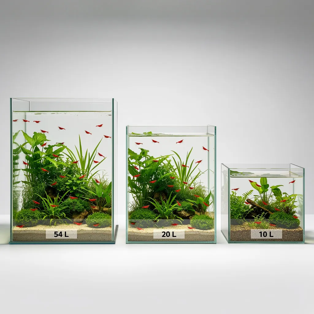Drei Garnelenaquarien im Größenvergleich: 54, 20 und 10 Liter