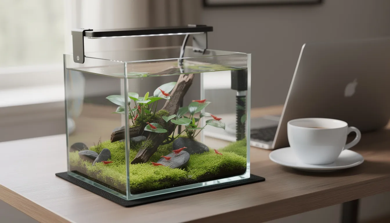Winziges 10-Liter Nano-Cube auf dem Schreibtisch neben Laptop, kompakt bepflanzt mit Garnelen