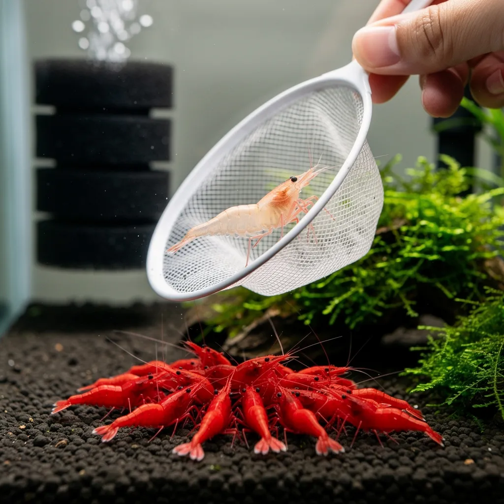 Selektive Zucht: blasse Garnele wird aus der Zuchtgruppe intensiv gefärbter Red Sakura aussortiert