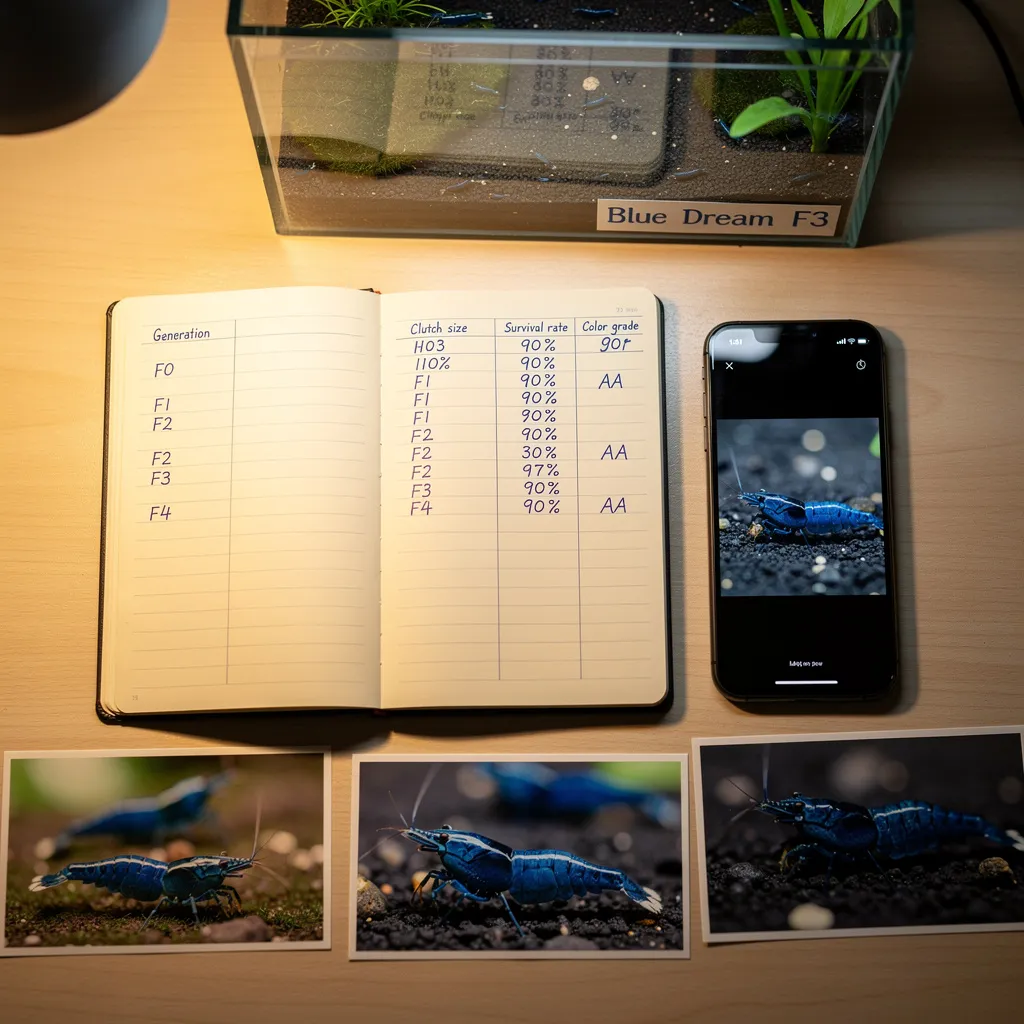 Zucht-Dokumentation: Smartphone-Fotos, Notizbuch mit Generationsdaten und beschriftetes Zuchtbecken