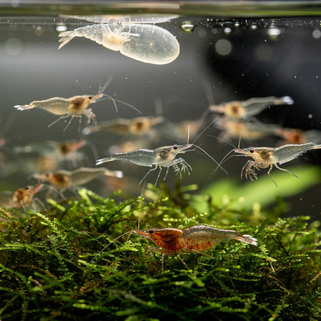 Paarungsschwimmen: männliche Neocaridina schwimmen hektisch durchs Becken nach Häutung eines Weibchens