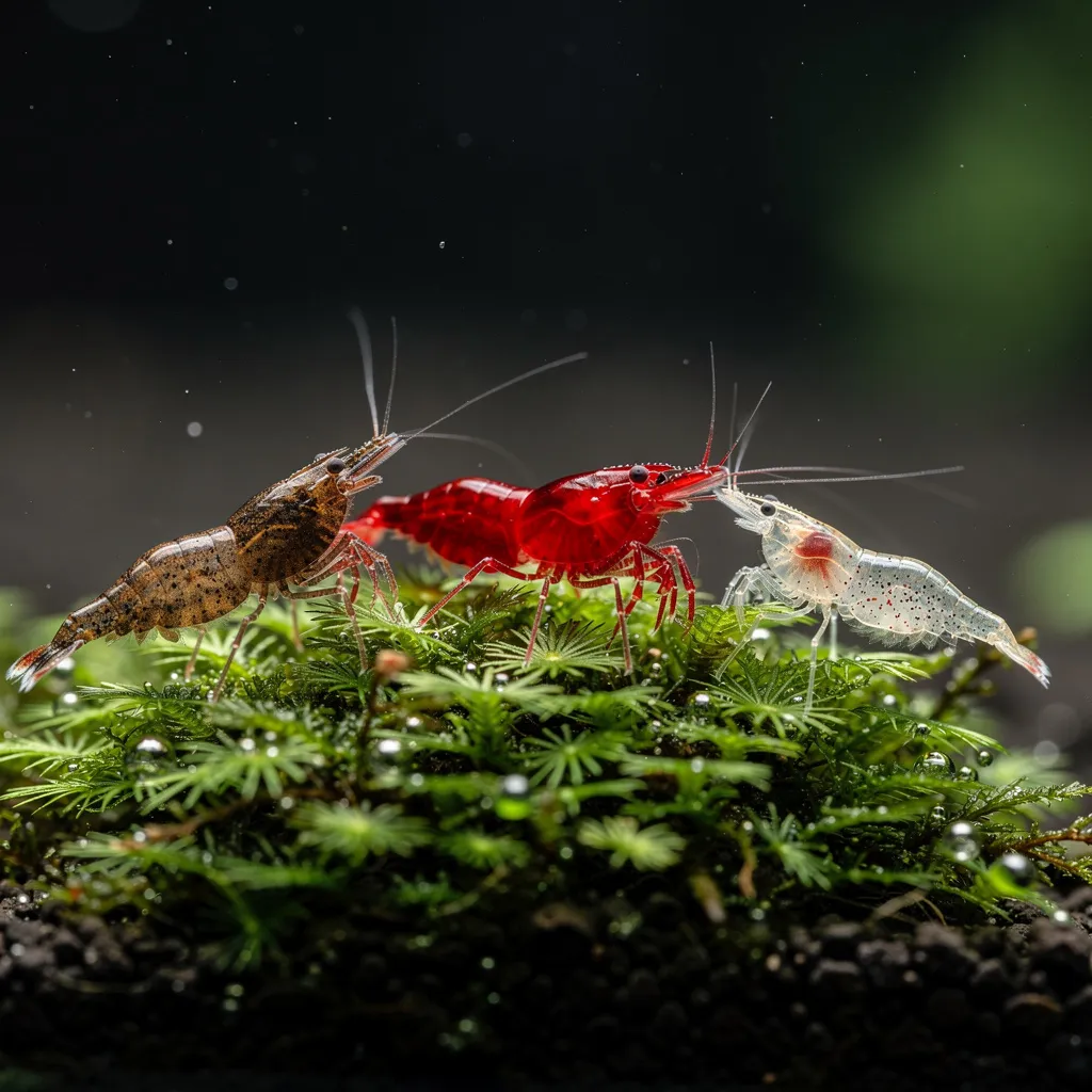 Neocaridina mit unterschiedlichen Phänotypen im Aquarium zeigen genetische Farbvariation von Wildtyp bis Zuchtform