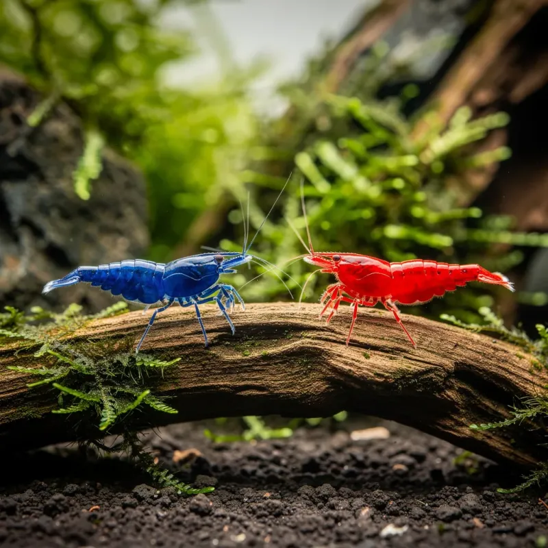 Blue Dream und Red Cherry Neocaridina nebeneinander auf Wurzelholz zeigen verschiedene Farblinien