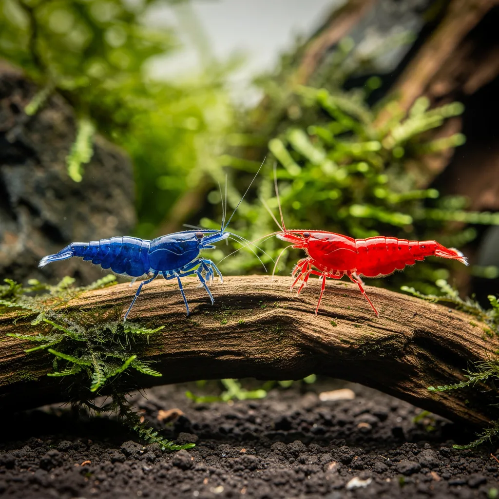Blue Dream und Red Cherry Neocaridina nebeneinander auf Wurzelholz zeigen verschiedene Farblinien