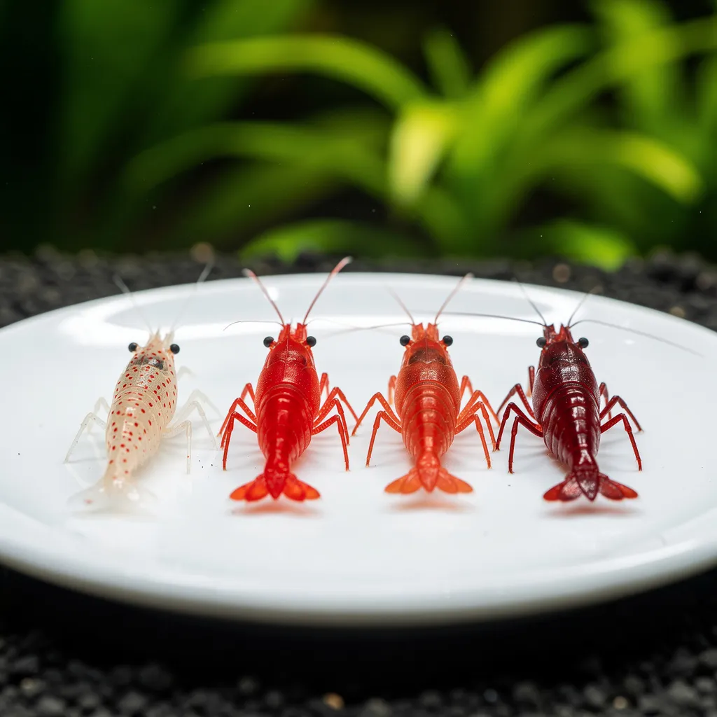 Vier Neocaridina von Cherry bis Painted Fire Red zeigen die Grading-Stufen der Farbqualität