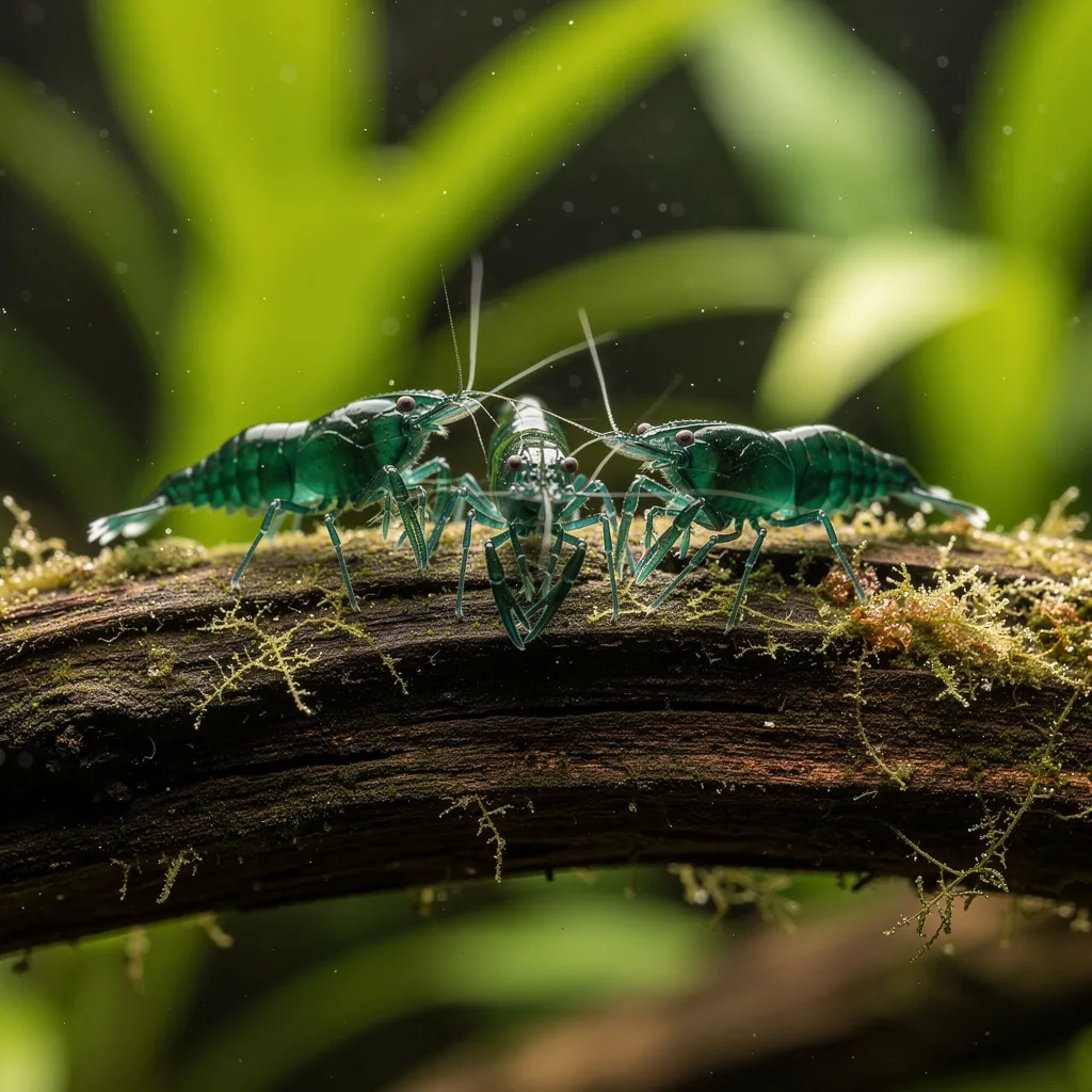 Green Jade Garnelen auf hellem Sandboden mit Herbstlaub — jadegrün in verschiedenen Intensitäten