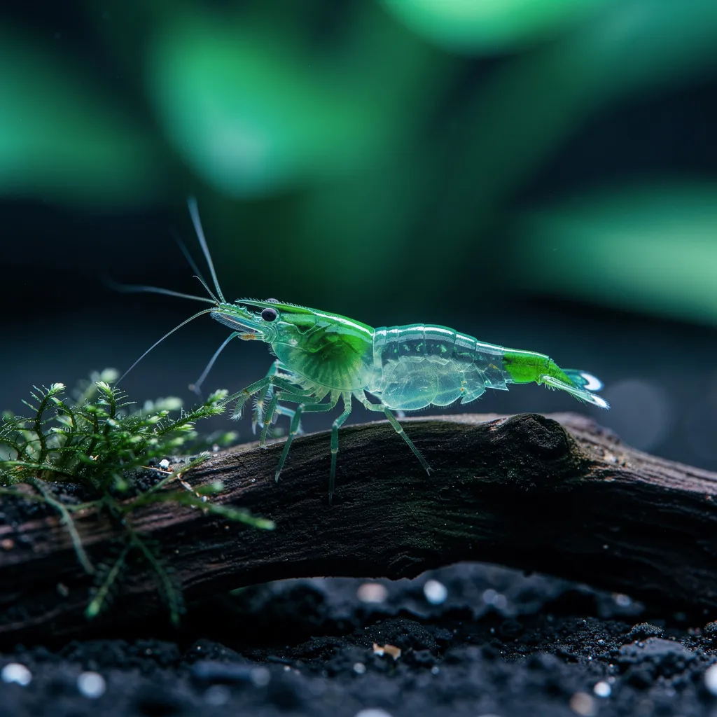 Green Rili Garnele mit jadegrünem Kopf und Schwanz und kristallklarer transparenter Mitte