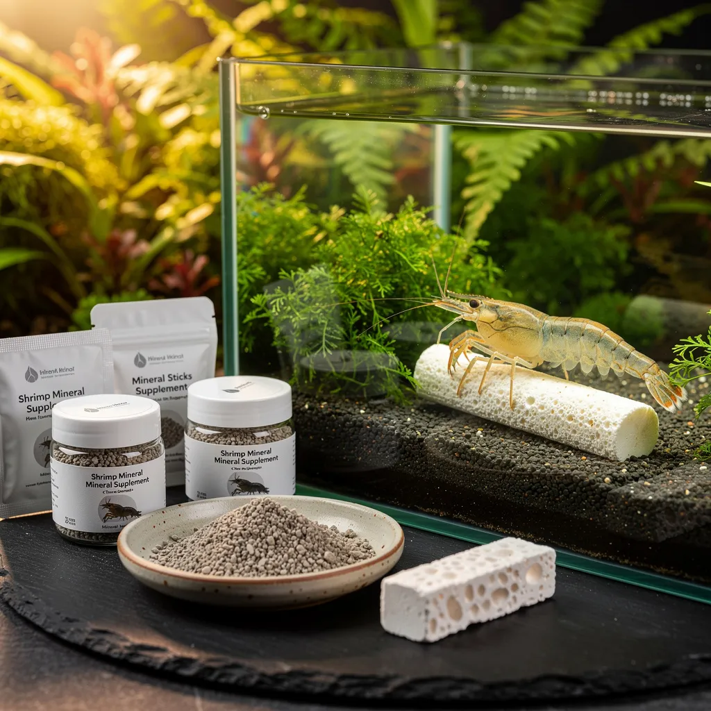 Mineralstoff-Ergänzung für Garnelen mit Sepiaschale und Mineralstein neben bepflanztem Aquarium