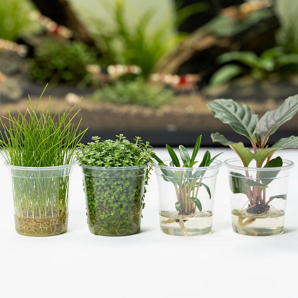 In-vitro-Pflanzen in geöffneten Bechern: Eleocharis, HC Cuba, Cryptocoryne und Bucephalandra im Nährgel