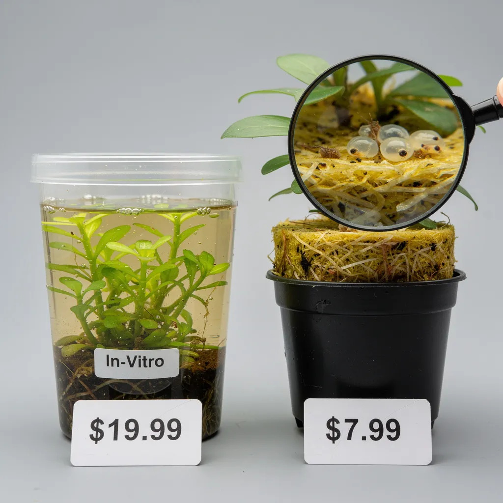 Vergleich In-vitro-Becher mit sauberen Pflanzen und Topfpflanze mit Steinwolle und Schneckeneiern