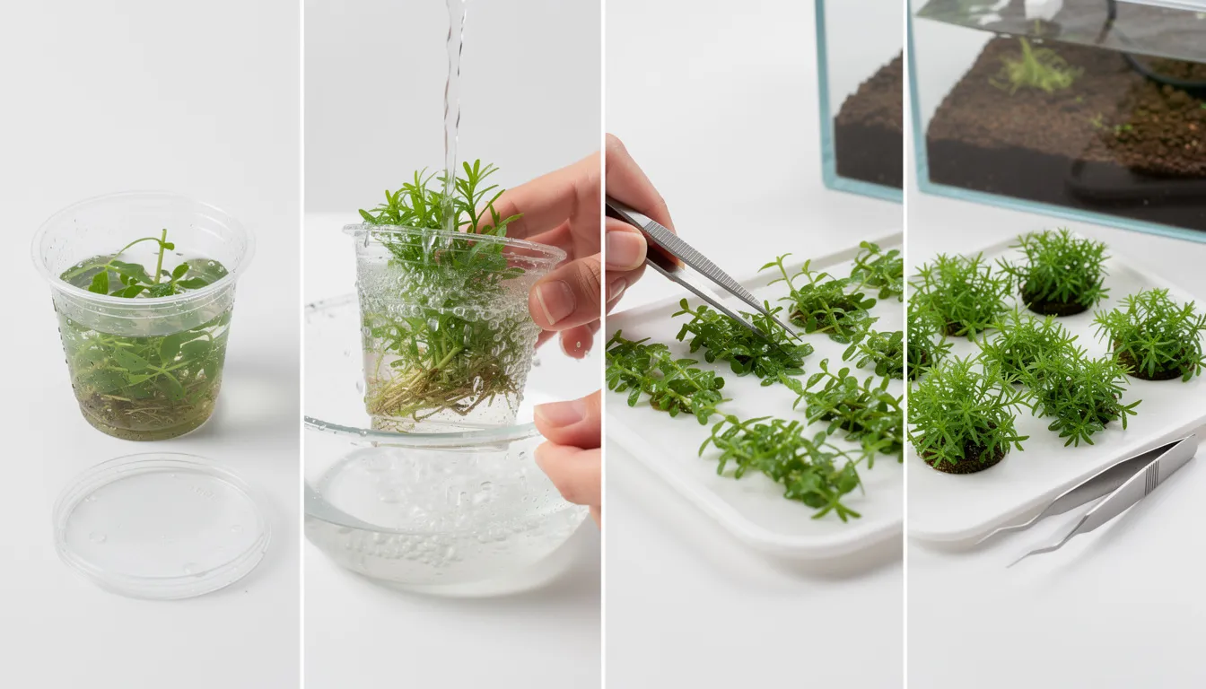 In-vitro-Pflanzen vorbereiten: Becher oeffnen, Gel abspuelen und Portionen teilen