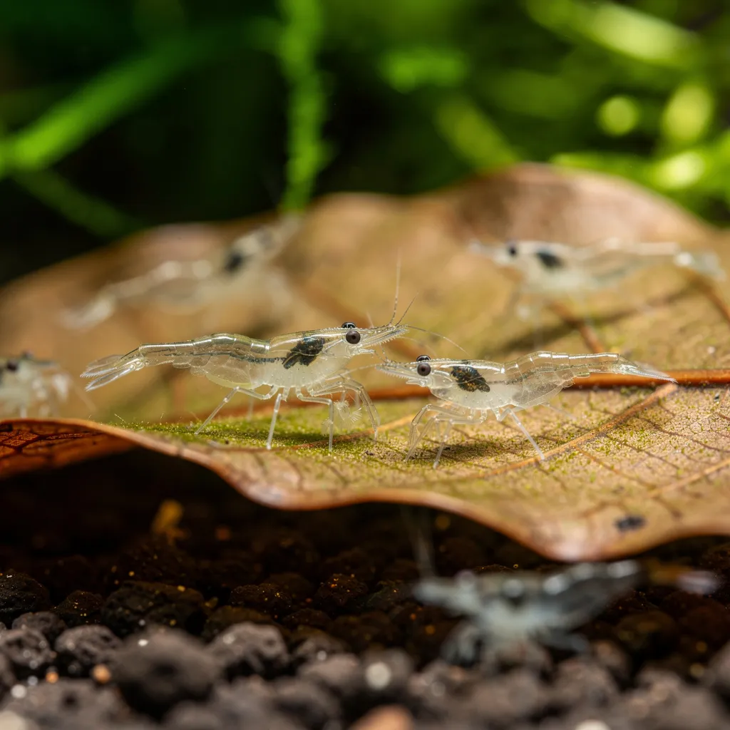 Winzige transparente Babygarnelen grasen Biofilm von einem Seemandelbaumblatt im Aufzuchtbecken