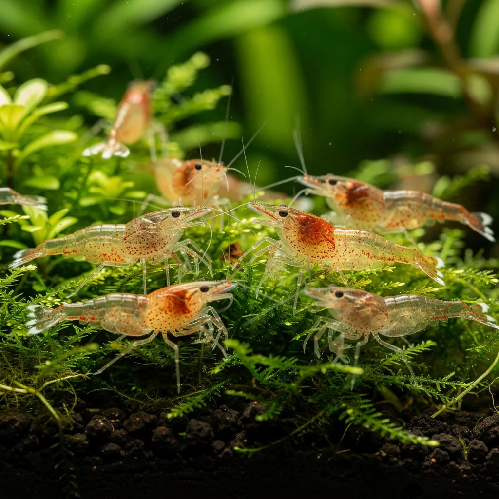 Sechs bis acht Wochen alte Neocaridina-Jungtiere mit ersten sichtbaren Farbansätzen auf Moos