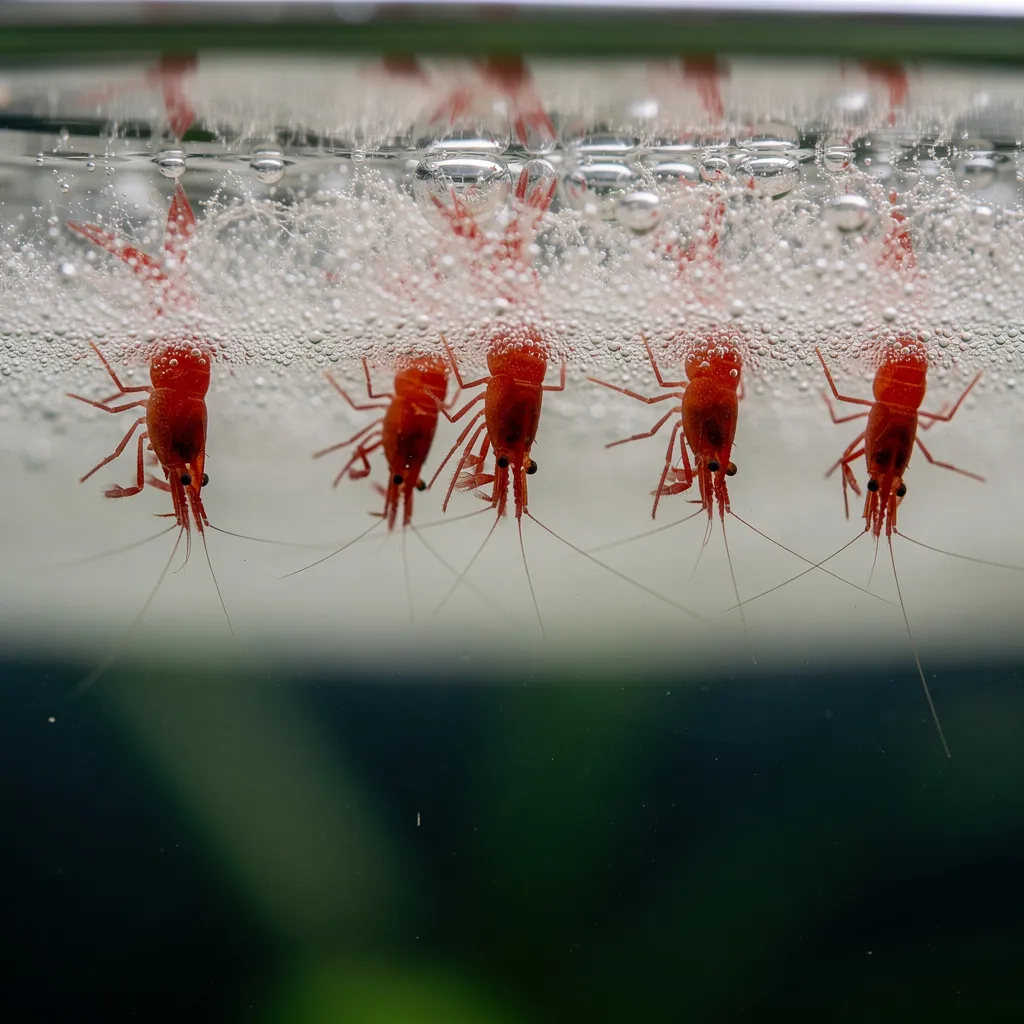 Garnelen hängen kopfüber an der Wasseroberfläche und fressen Kahmhaut