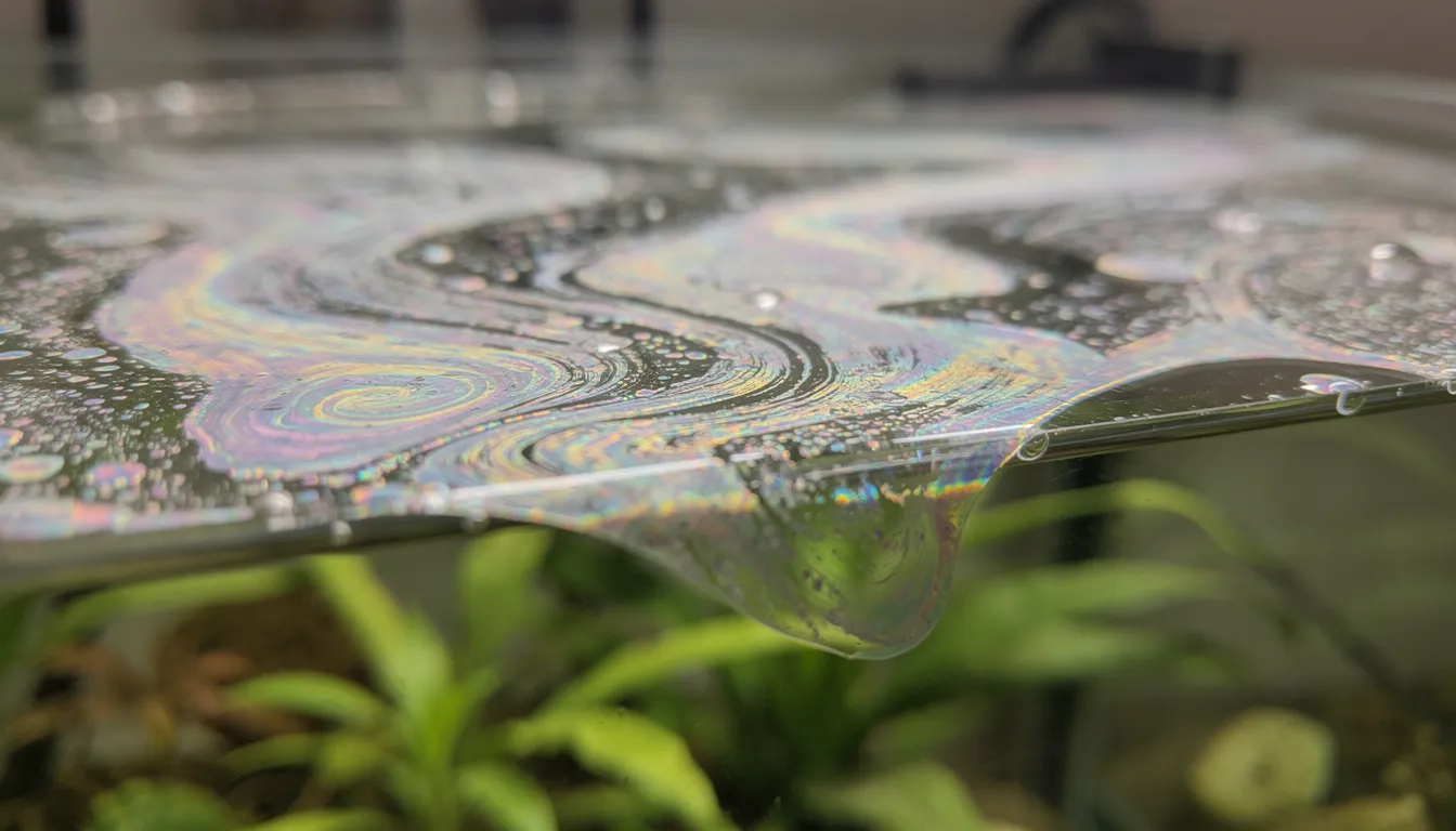 Oelig schimmernde Kahmhaut auf der Aquarium-Wasseroberfläche mit Regenbogen-Reflexen