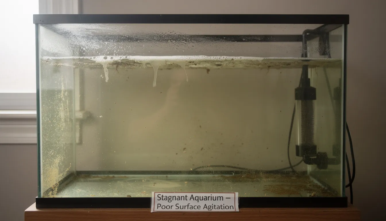 Stehendes Aquarium ohne Oberflächenströmung — ideale Bedingungen für Kahmhaut