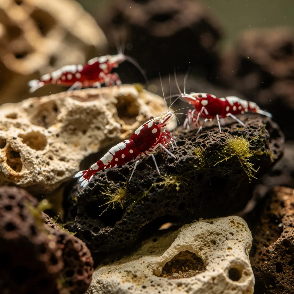Kardinalsgarnelen klettern auf Lavastein im Sulawesi-Biotop — tiefrot mit weißen Tupfen