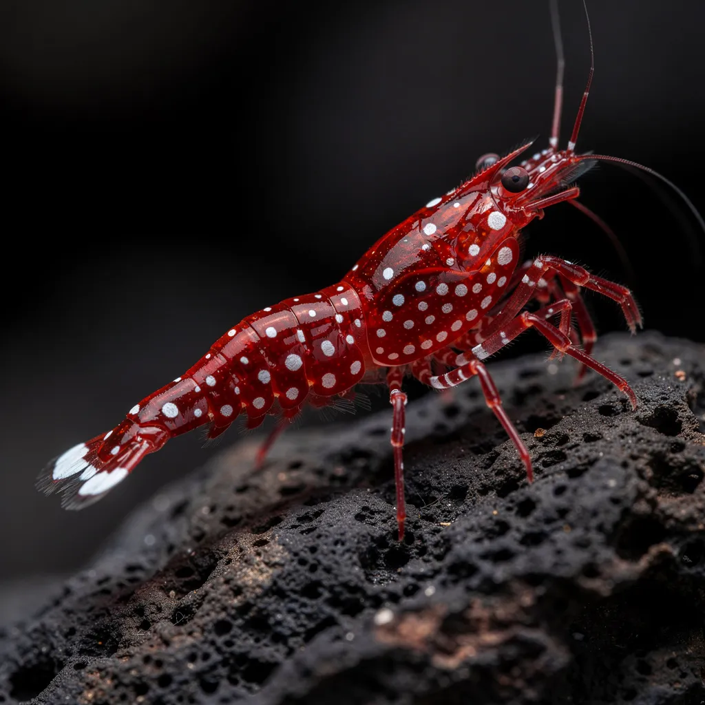 Kardinalsgarnele in Nahaufnahme — leuchtend weiße Punkte auf tief karminrotem Körper