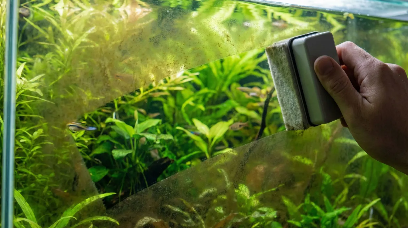 Kieselalgen-Belag wird mit Magnetreiniger von der Aquarienscheibe entfernt