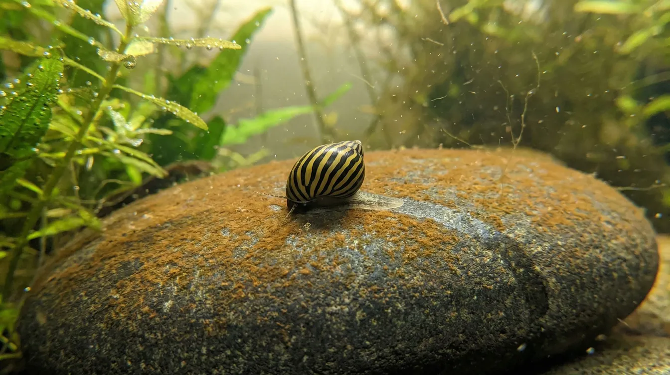 Zebra-Rennschnecke frisst Kieselalgen von einem Stein und hinterlaesst eine saubere Spur