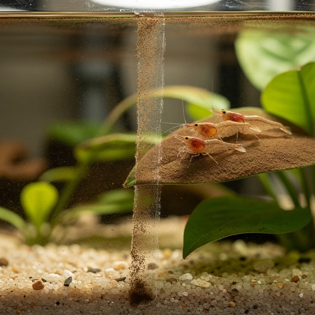 Braune Kieselalgen bedecken Glas und Pflanzen im neuen Aquarium, Wischspur am Glas und fressende Garnelen