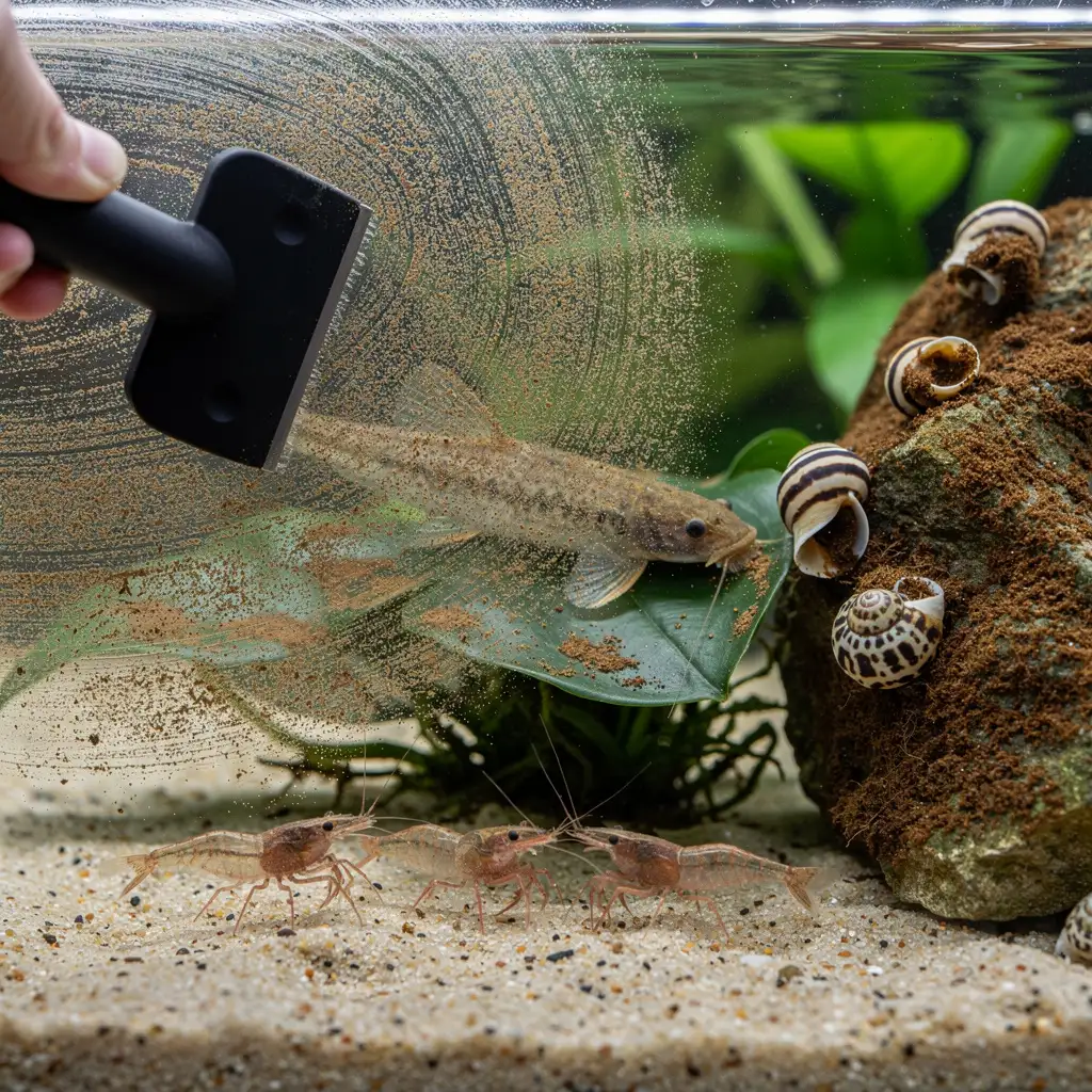 Kieselalgen-Bekämpfung: Magnetreiniger am Glas, Rennschnecken und Otocinclus fressen Algen von Pflanzen