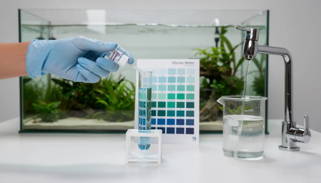 Silikat-Wassertest neben dem Aquarium mit Farbvergleichskarte