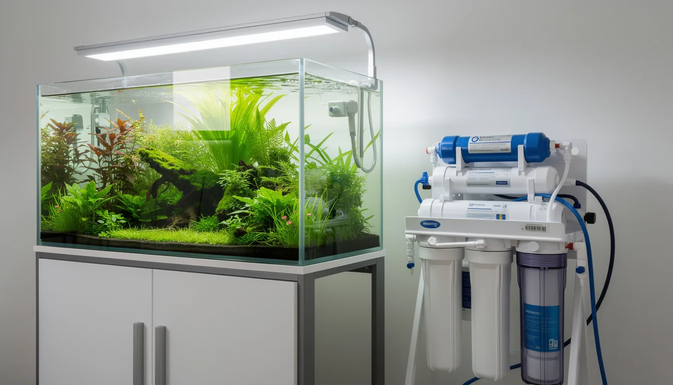 Sauberes algenfreies Aquarium neben einer Osmoseanlage zur Silikat-Entfernung