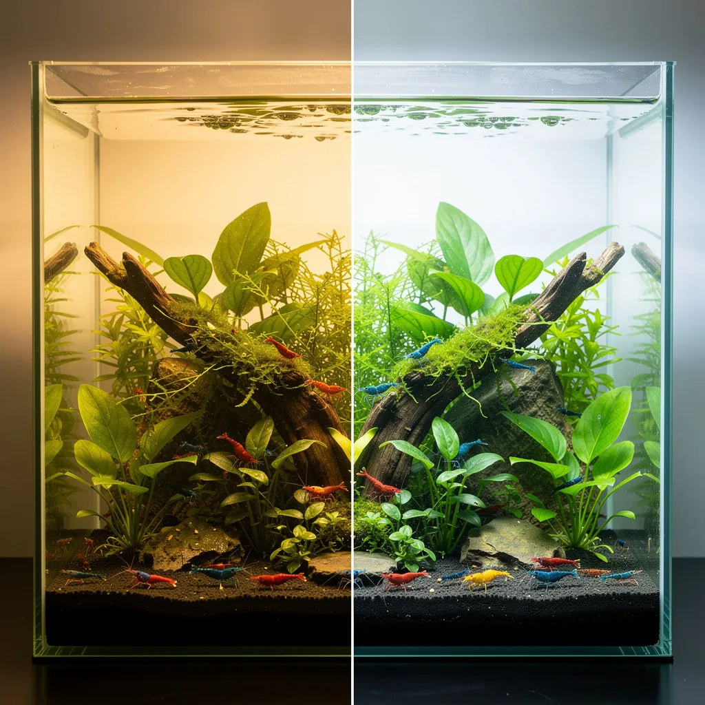 Farbtemperatur-Vergleich: Warmweiss vs. Tageslicht-LED am Garnelenbecken