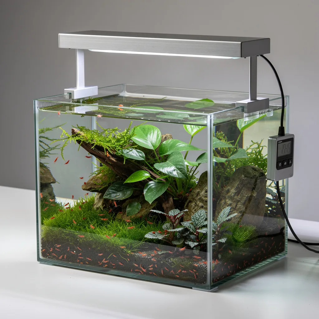 Moderne LED-Aufsetzleuchte mit Dimmer am 30-Liter Garnelen-Nano-Cube